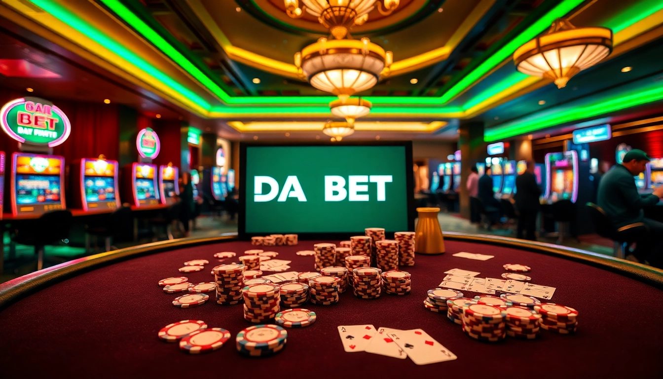 Experience the excitement of DA BET at a prestigious casino table filled with poker chips and cards.