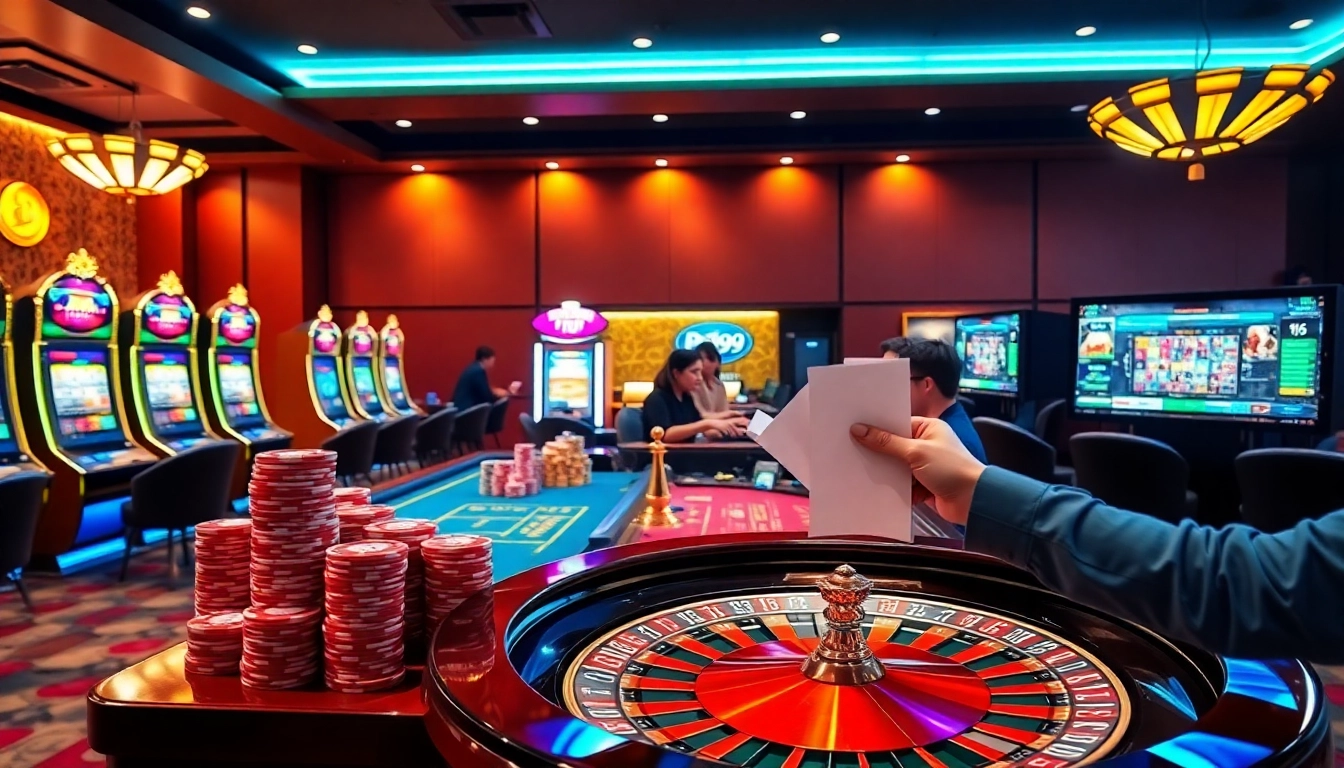Engaging players at the trang chủ PS99 casino with vibrant gaming tables and exciting slot machines.
