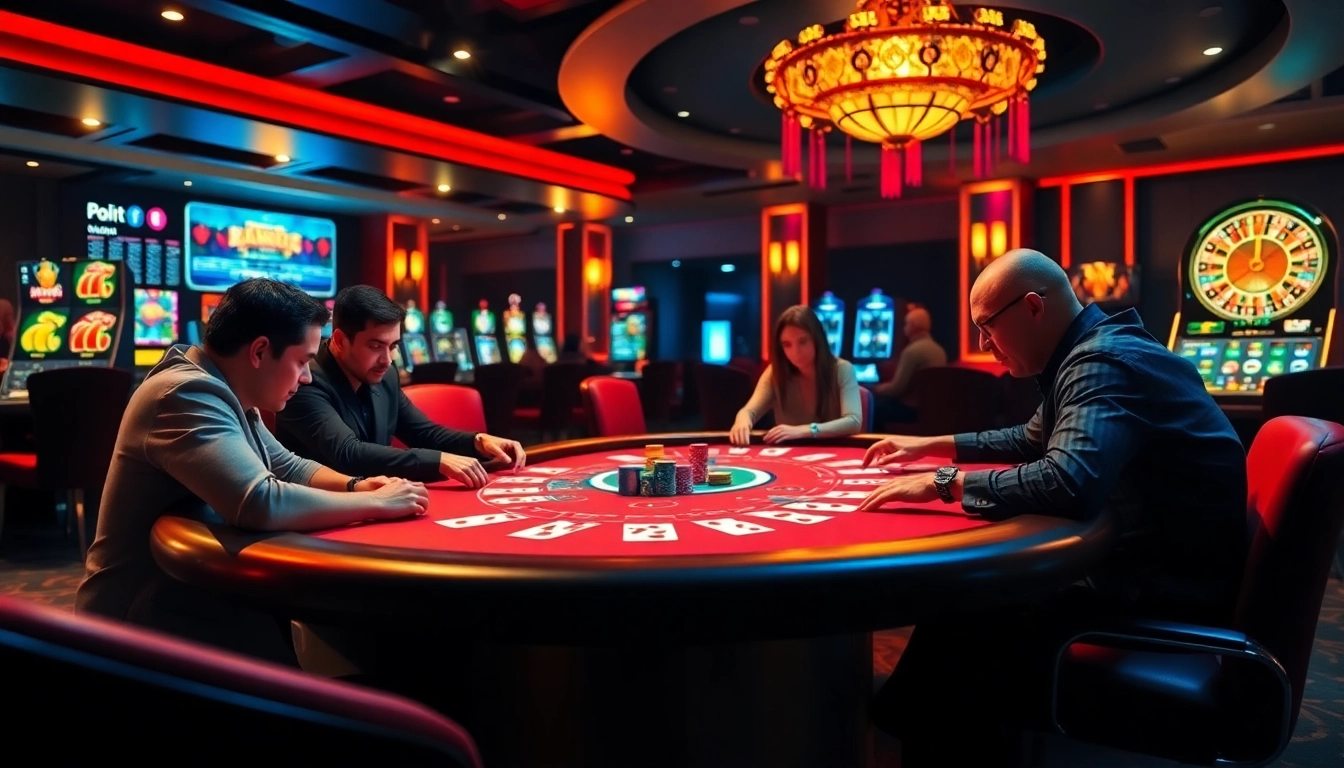 Engaging players at a poker table in a luxurious casino atmosphere showcasing online gambling interface at https://top10nhacai.gg/.