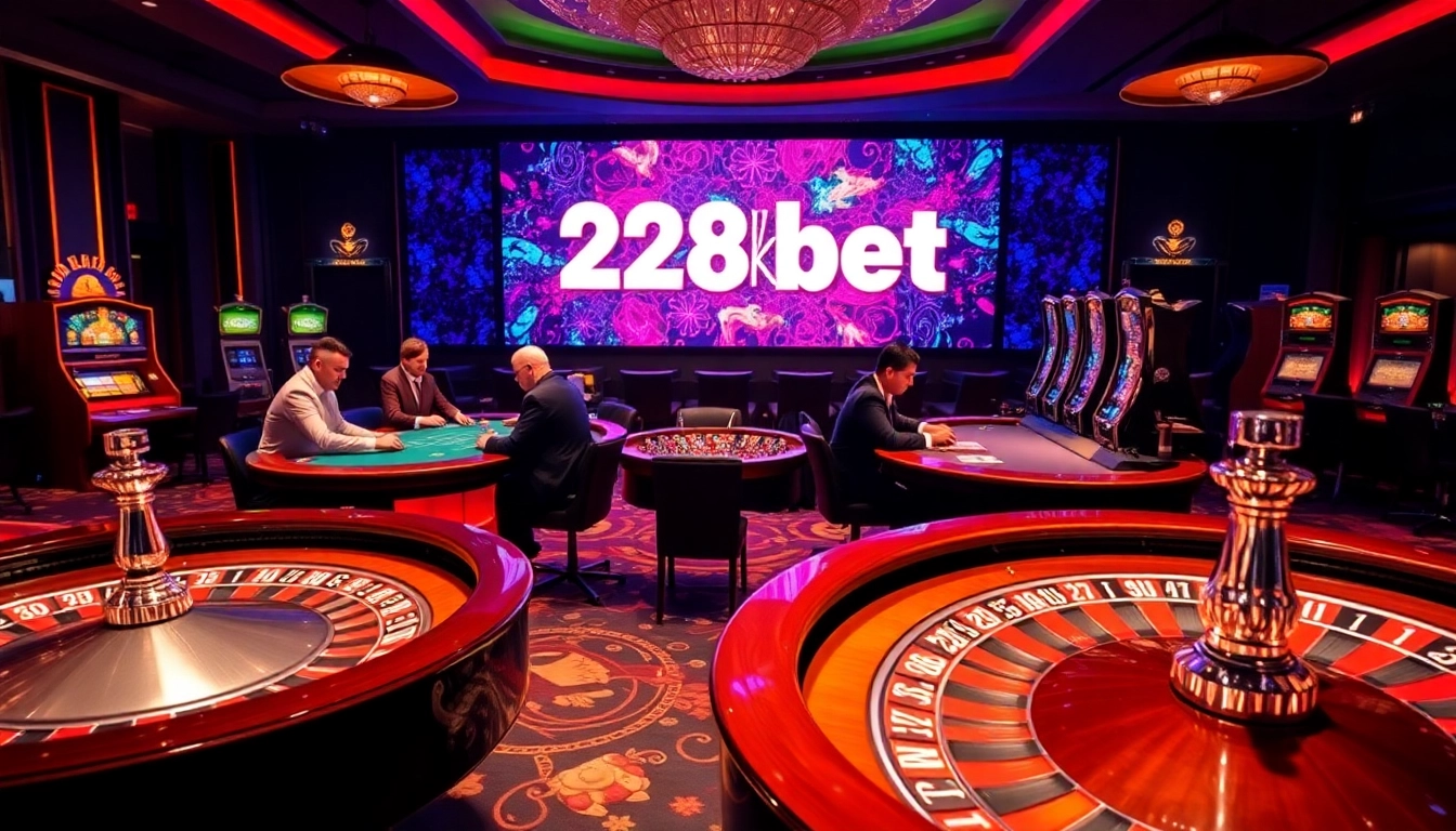 Engaged gamblers enjoying the excitement at http://228kbet.net/ casino tables with vibrant slot machines.