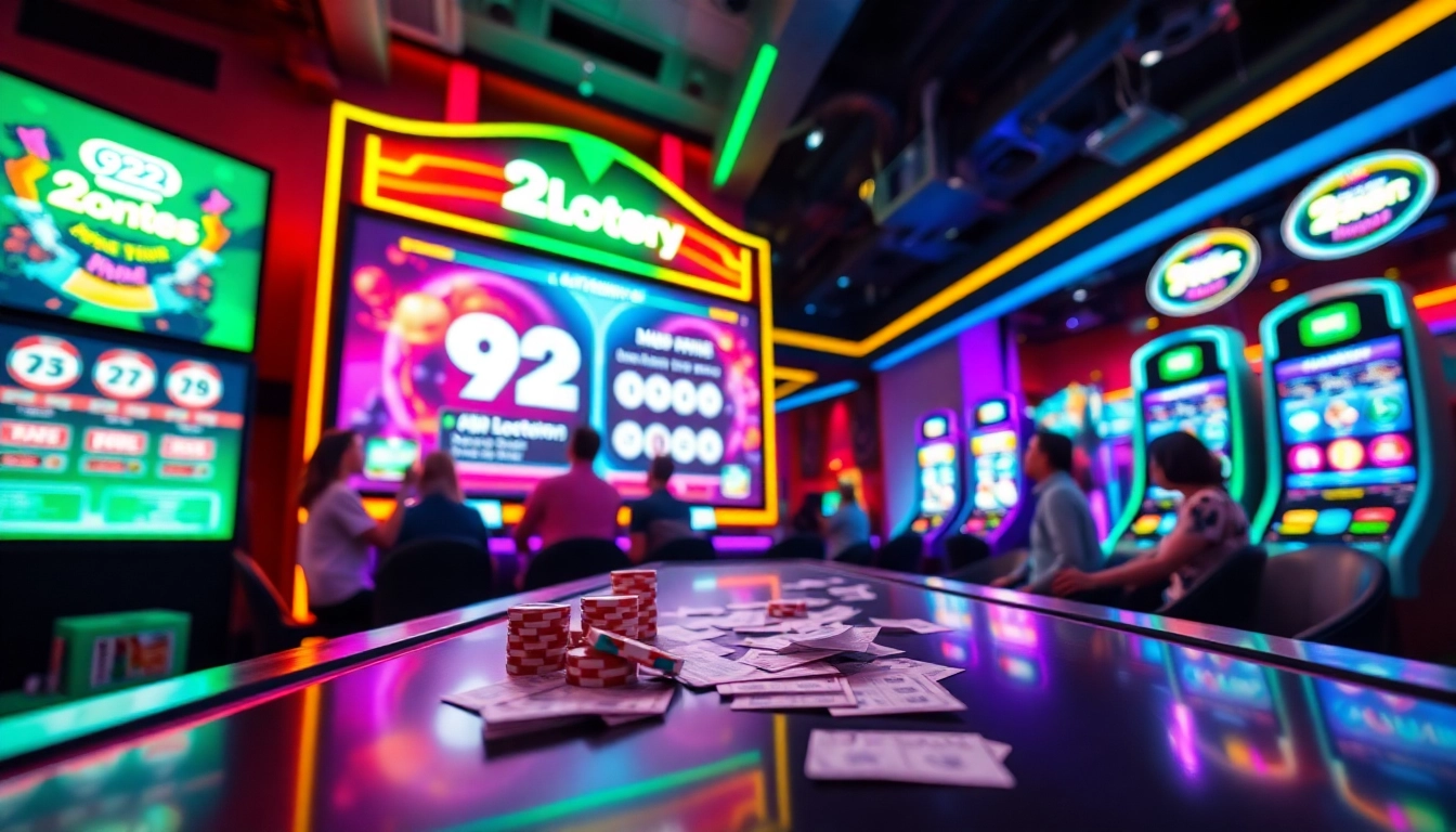 Engaging scene of 92lottery online gaming interface with vibrant colors and excited players.