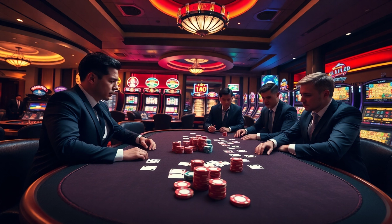 Players enjoying a high-stakes game at a luxurious poker table, exemplifying entertainment at https://jun88pl.com/.