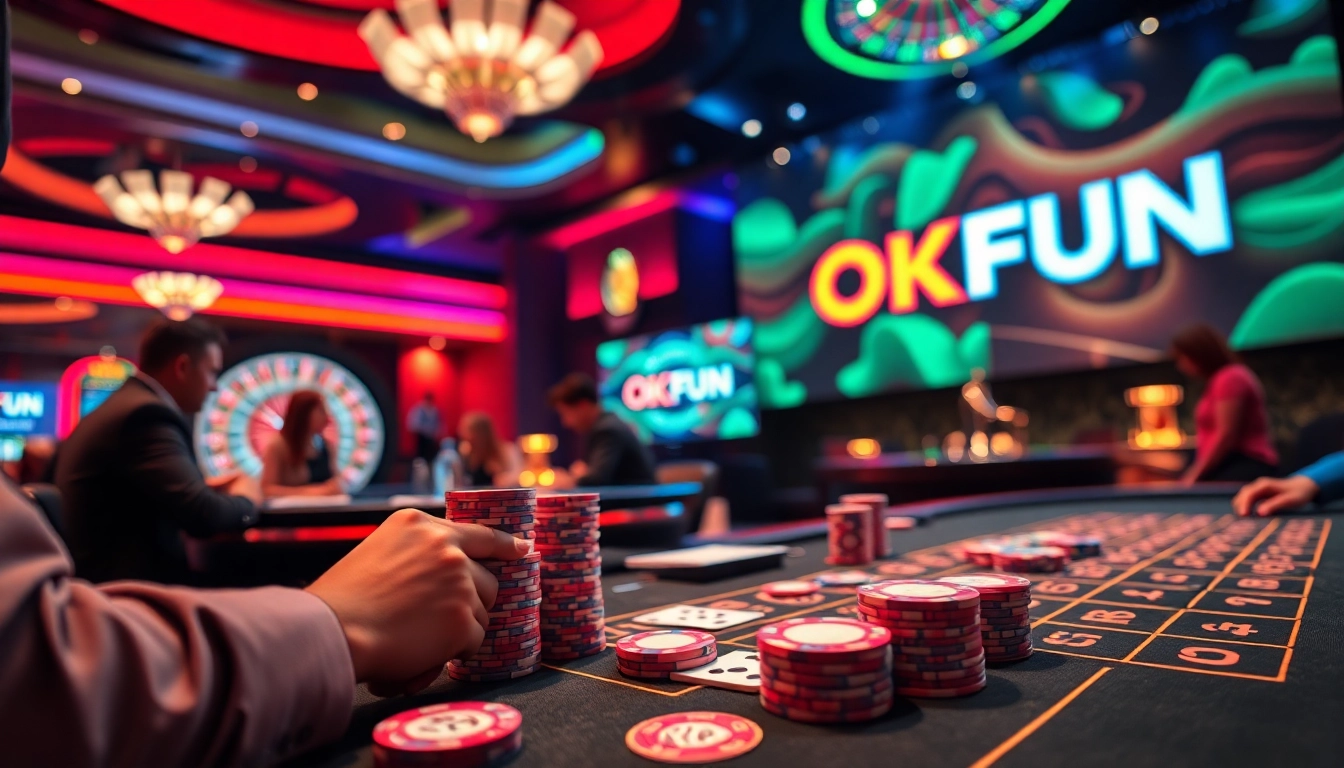Players enjoying a thrilling baccarat game at an OKFUN casino with vibrant lights and professional dealers.
