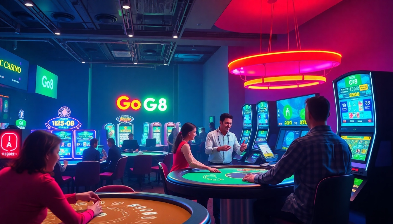 Go8 digital casino scene with vibrant games, inviting atmosphere, and engaging players.