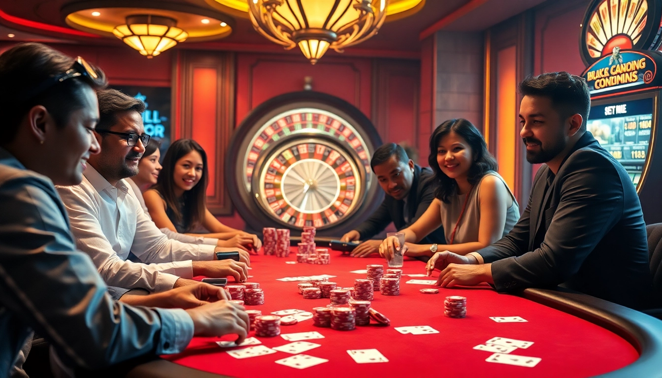The dynamic atmosphere of game bài with players at a luxurious poker table, strategizing and winning.