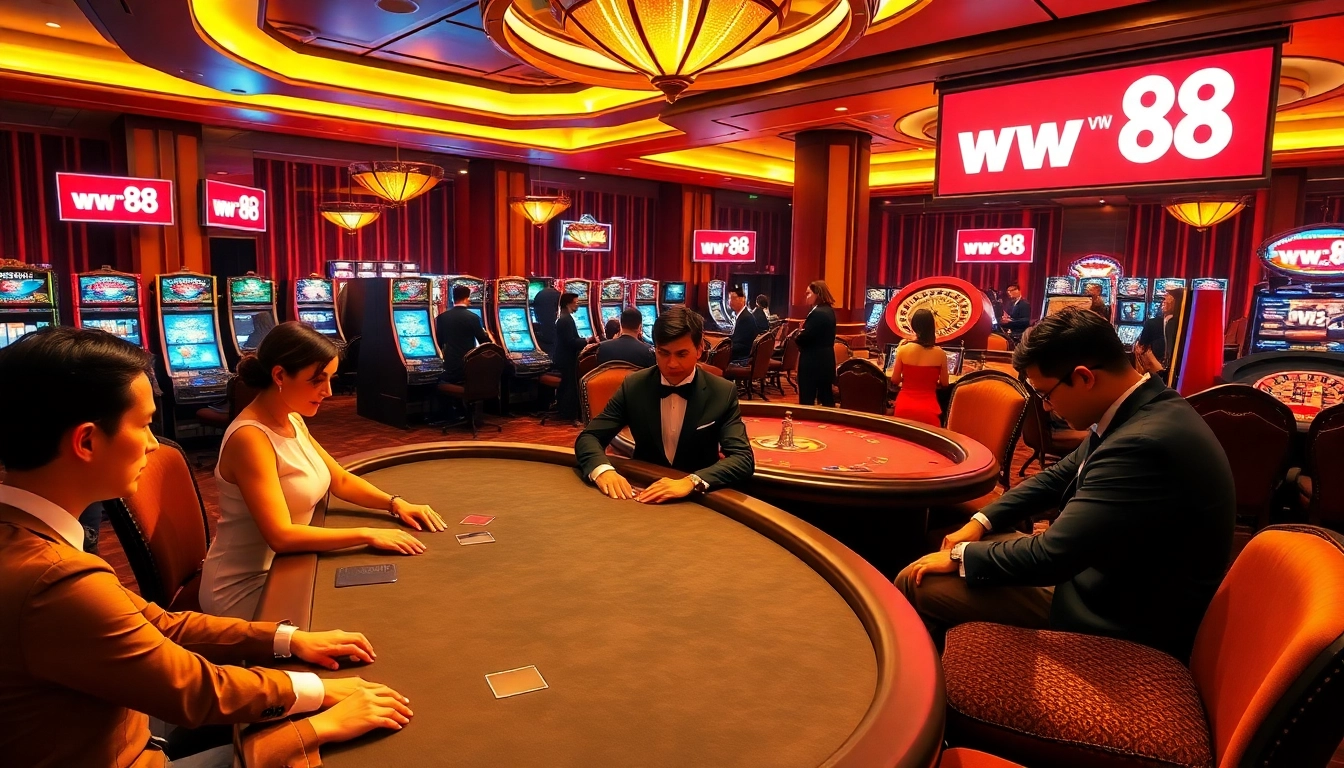 Gambling excitement at a luxurious casino featuring ww88-themed poker tables and slot machines.