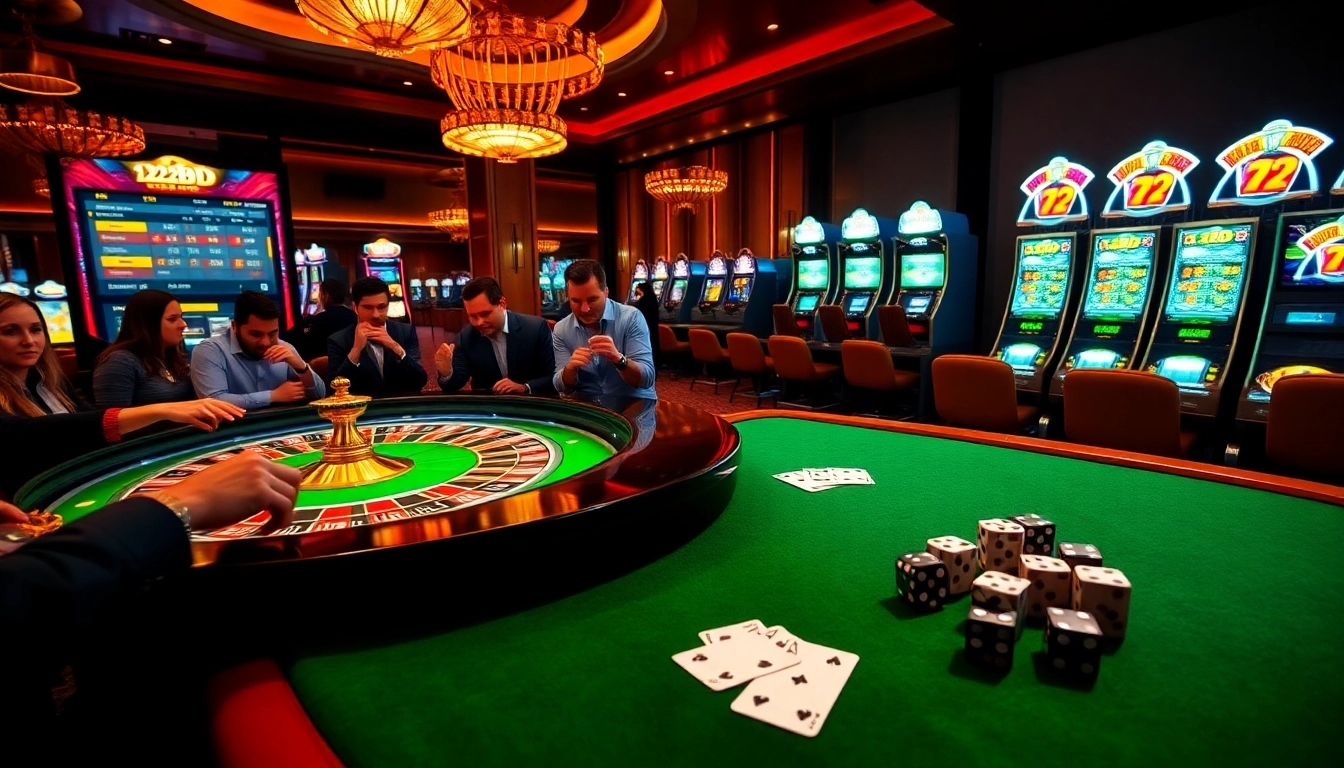 Players enjoying a thrilling game at a vibrant casino table with elements from the 222bd app.