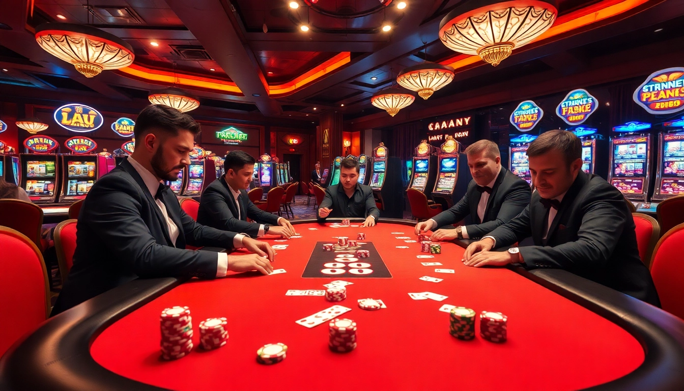 High-stakes poker scene showcasing players engaged in TR88 strategies with vibrant casino elements.