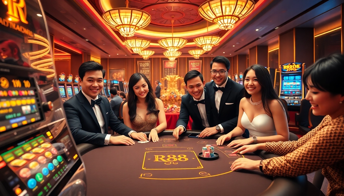 RR88 offers an exciting casino experience with professional dealers at a vibrant poker table.