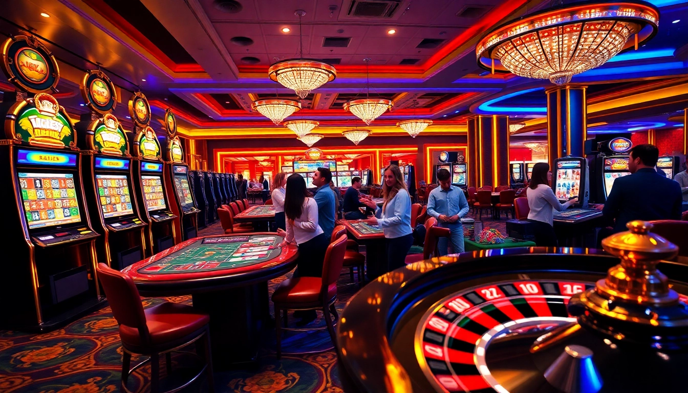 Cảnh casino LUCK8 với bàn poker đầy phấn khích và những máy đánh bạc sang trọng, thể hiện năng lượng sôi động.