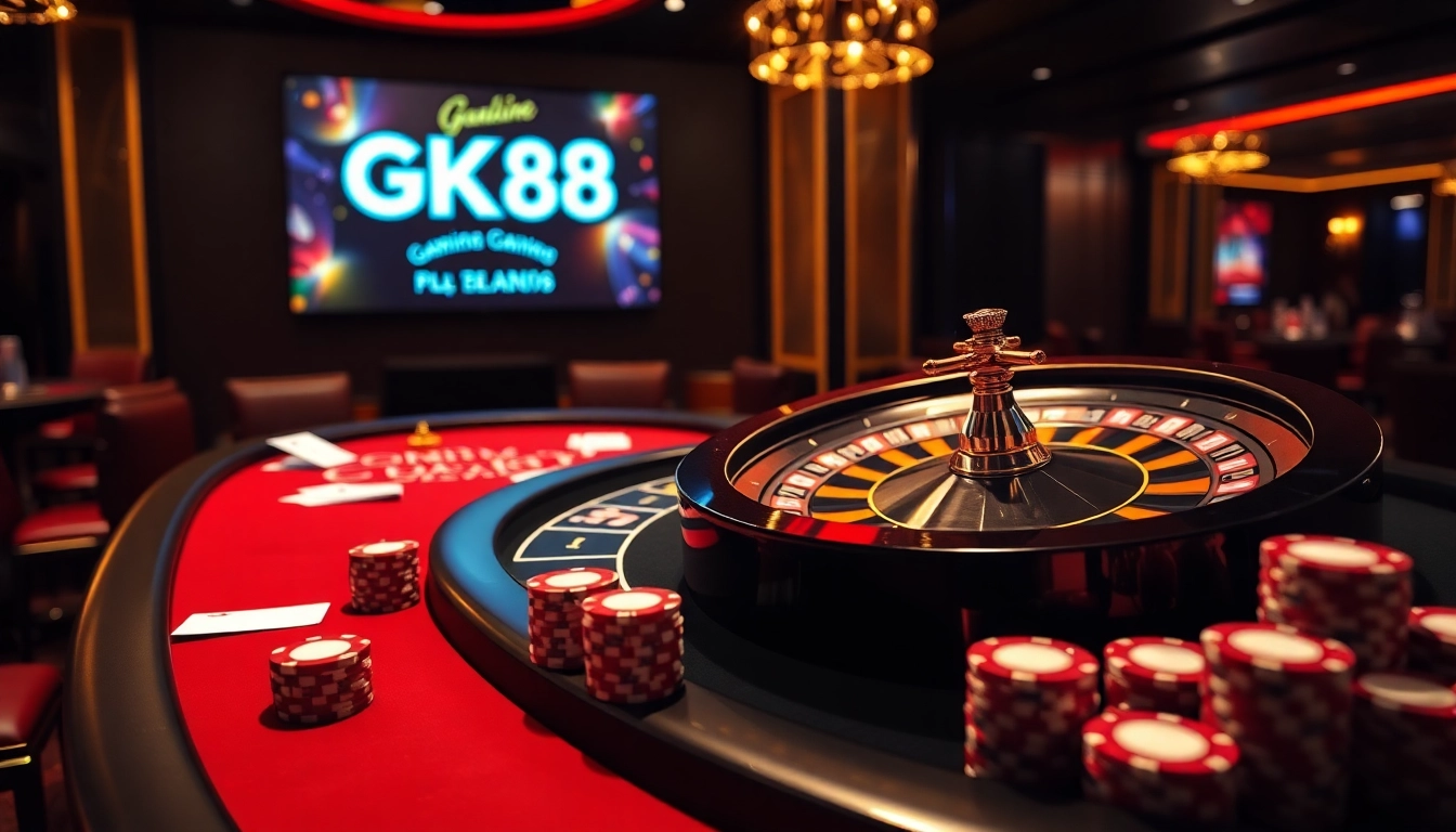 Experience the thrill of gambling at GK88 Casino with vibrant poker games and a glowing roulette wheel.