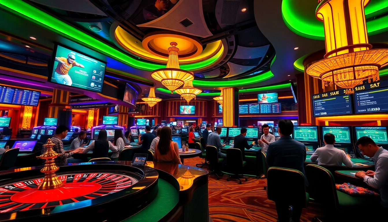 Kèo Bóng Đá betting scene with vibrant colors and excitement, showcasing casino activities.