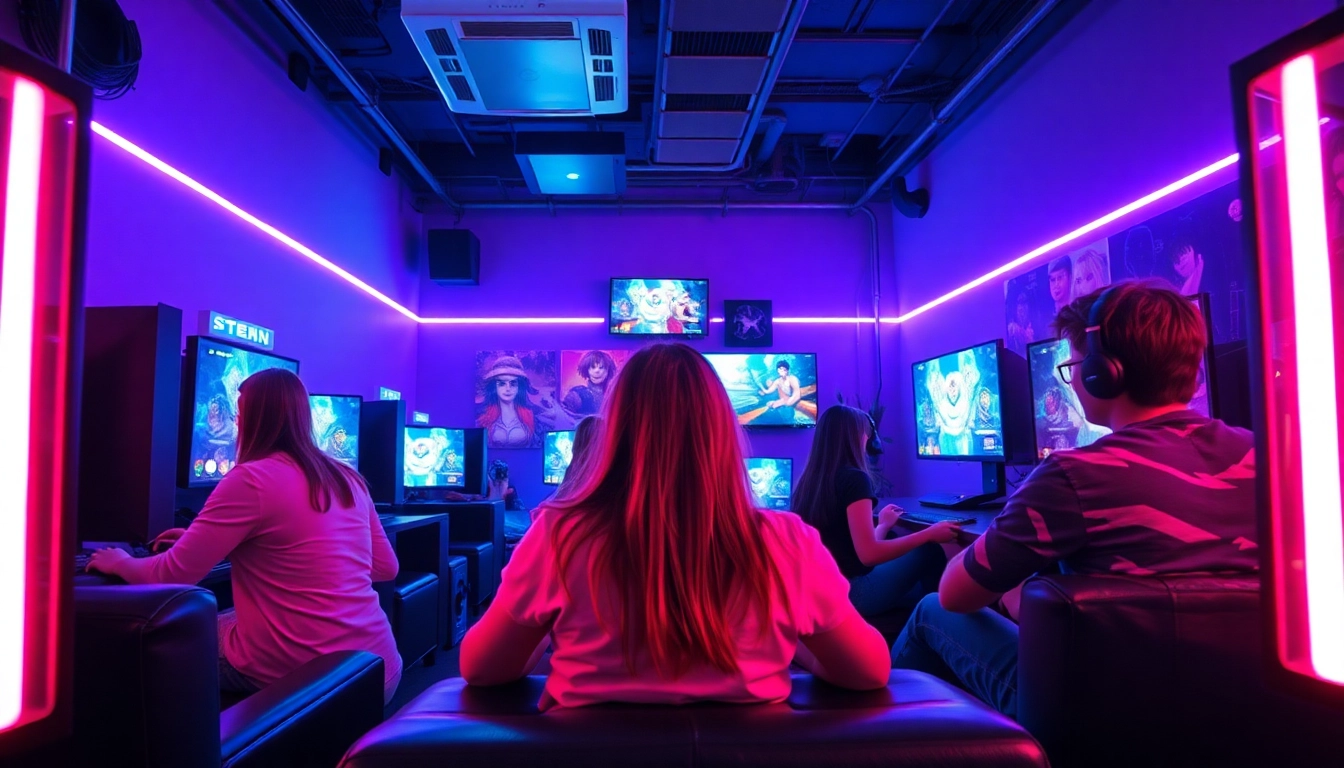 A dynamic gaming lounge with players enjoying porn games on multiple screens, featuring vibrant lighting and modern consoles.
