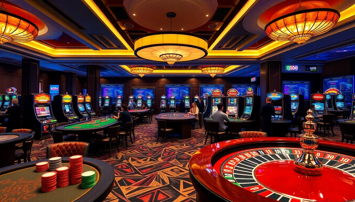 Engaging in high-stakes games at gg88.com casino, showcasing vibrant poker tables and slot machines.