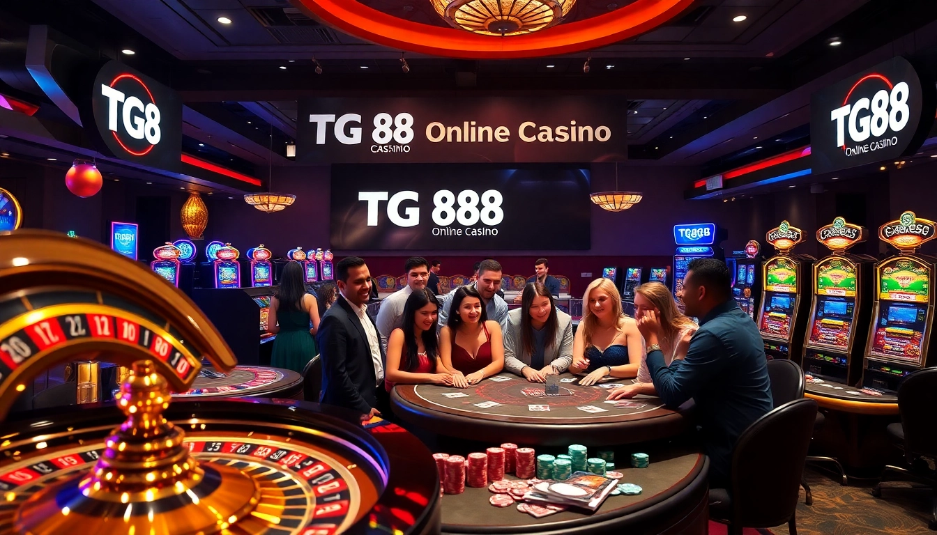Get lucky at TG 88 with vibrant casino tables, cards, and excited gamblers in action.