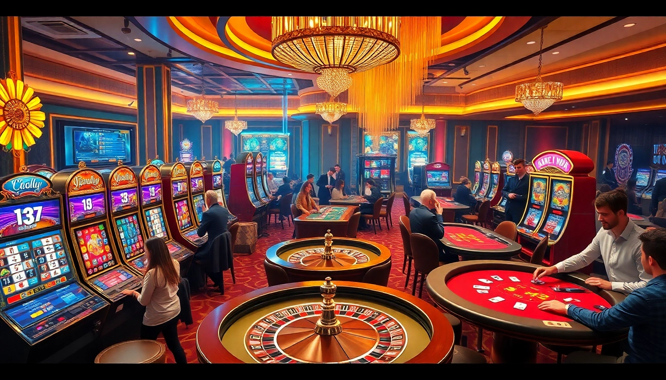 Players enjoying a thrilling game at rikvip.gb.net, showcasing vibrant casino elements like slot machines and poker tables.
