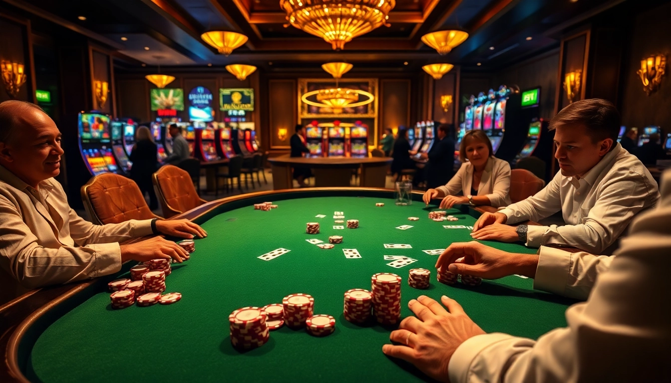Players strategize at a luxurious poker table, highlighting excitement and engagement with 8kbet.