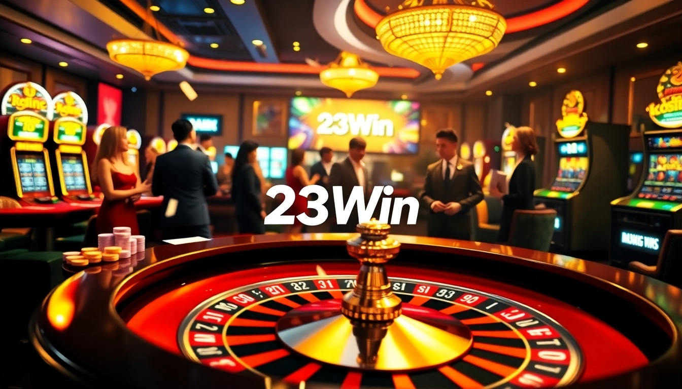 Engage with thrilling gameplay at 23Win's luxurious casino atmosphere filled with roulette tables and lively players.