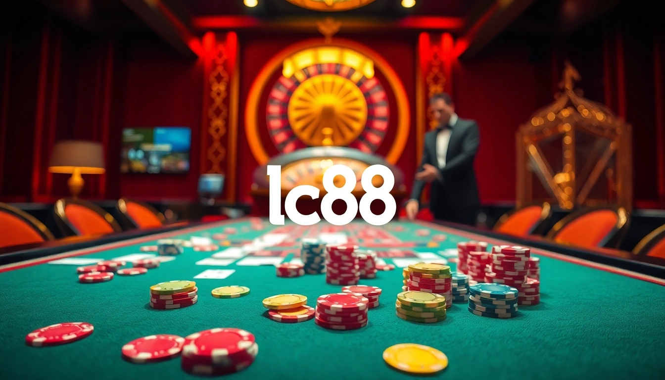 Engaging gaming scene showcasing a vibrant lc88 casino table with colorful chips and cards