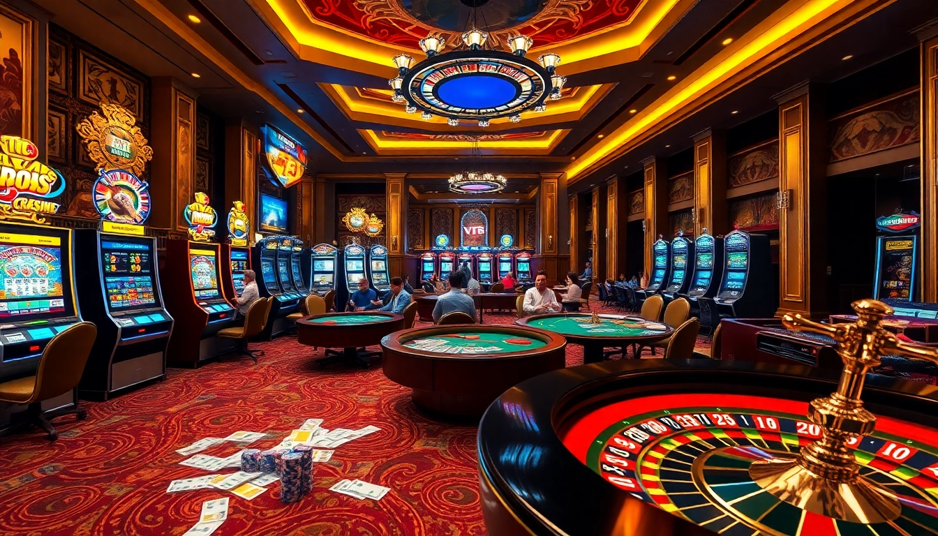 Experience the excitement of VT88 with bustling casino tables and vibrant gaming atmosphere.