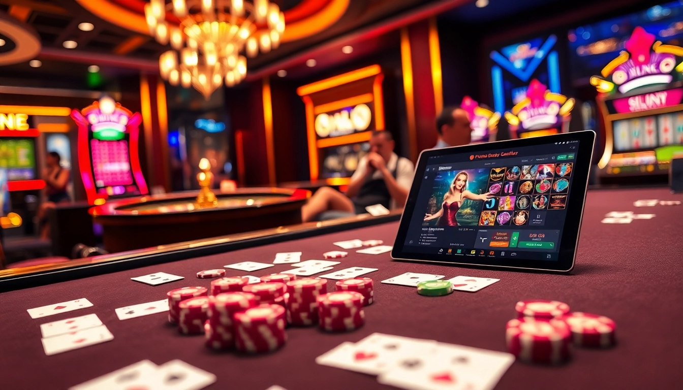 Players enjoying a game at Fun88 with vibrant casino elements and glowing slot machines.