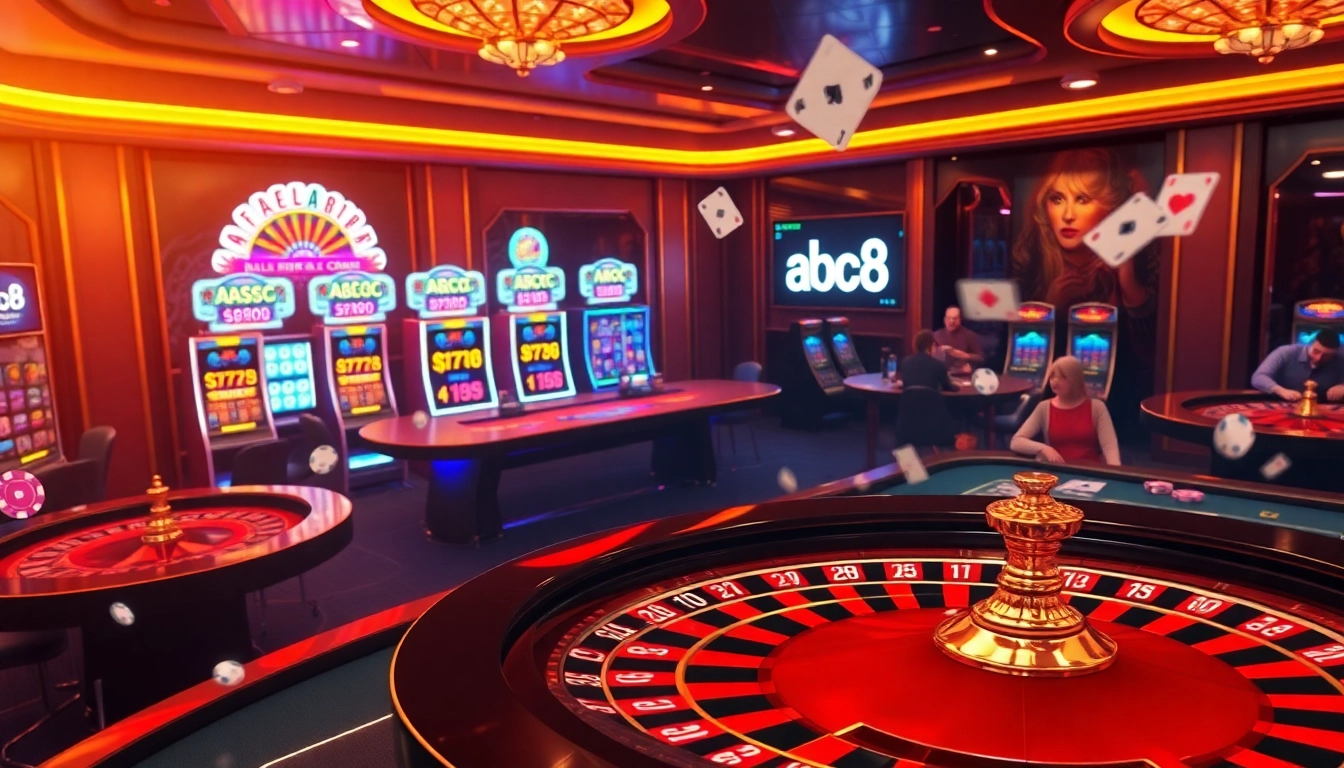Players enjoying high-stakes games at abc8's vibrant online casino, featuring roulette and slot machines.