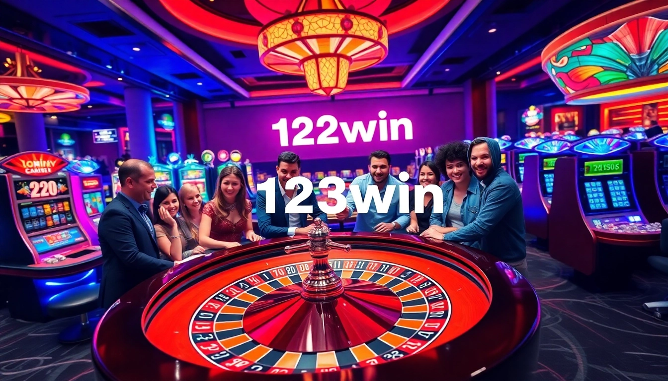 Experience the excitement of gambling at 123win with vibrant casino scenes featuring players at roulette tables.