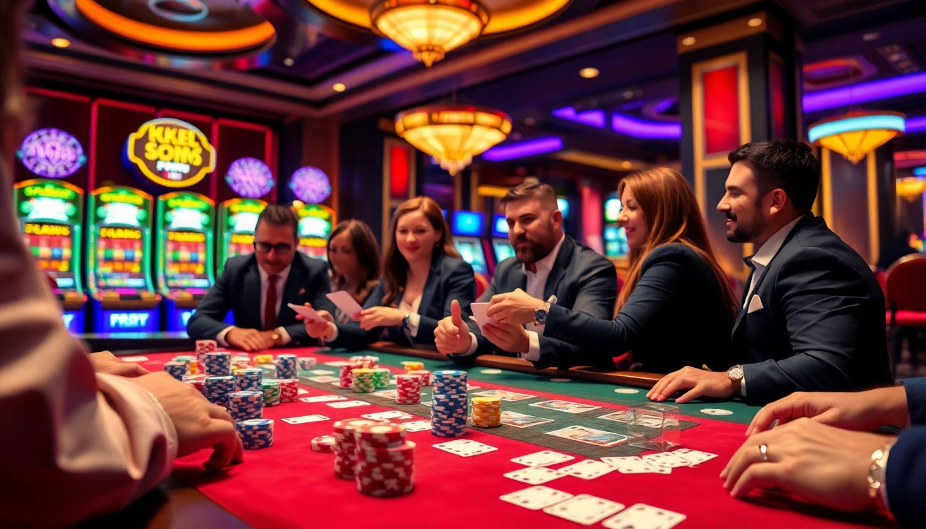 A lively poker game at a casino featuring kk vin-themed chips and illuminated tables.