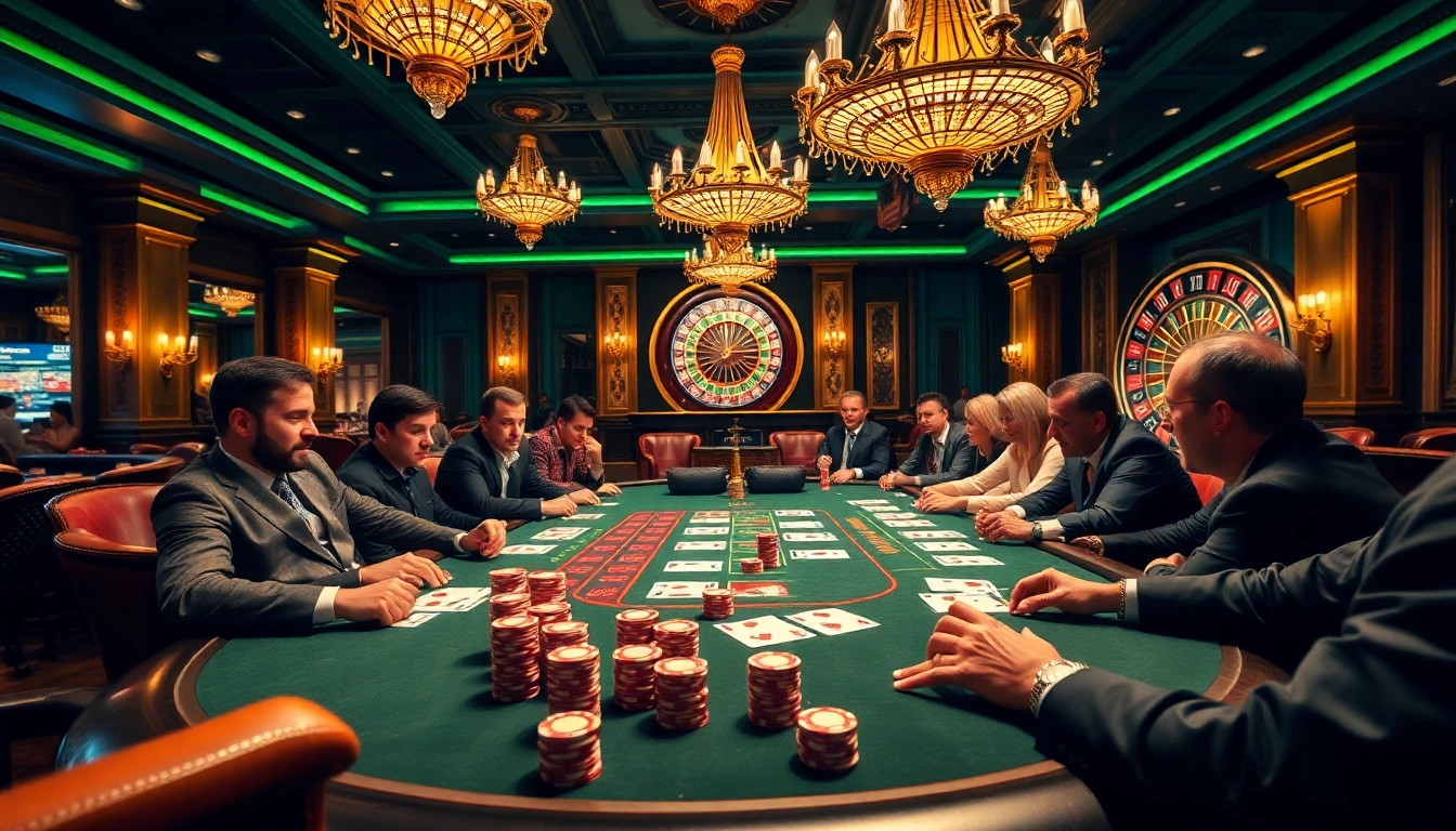 Engaging poker players at a luxurious casino scene featuring https://555win1.it.com, vibrant chips, and cards.