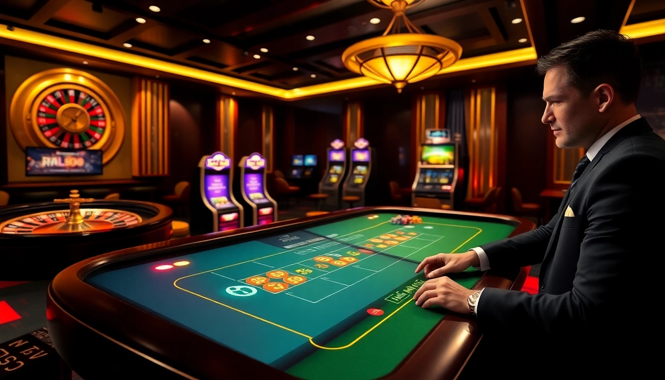 Experience thrilling gambling action at RR88 with modern online casino elements, including roulette and poker tables.