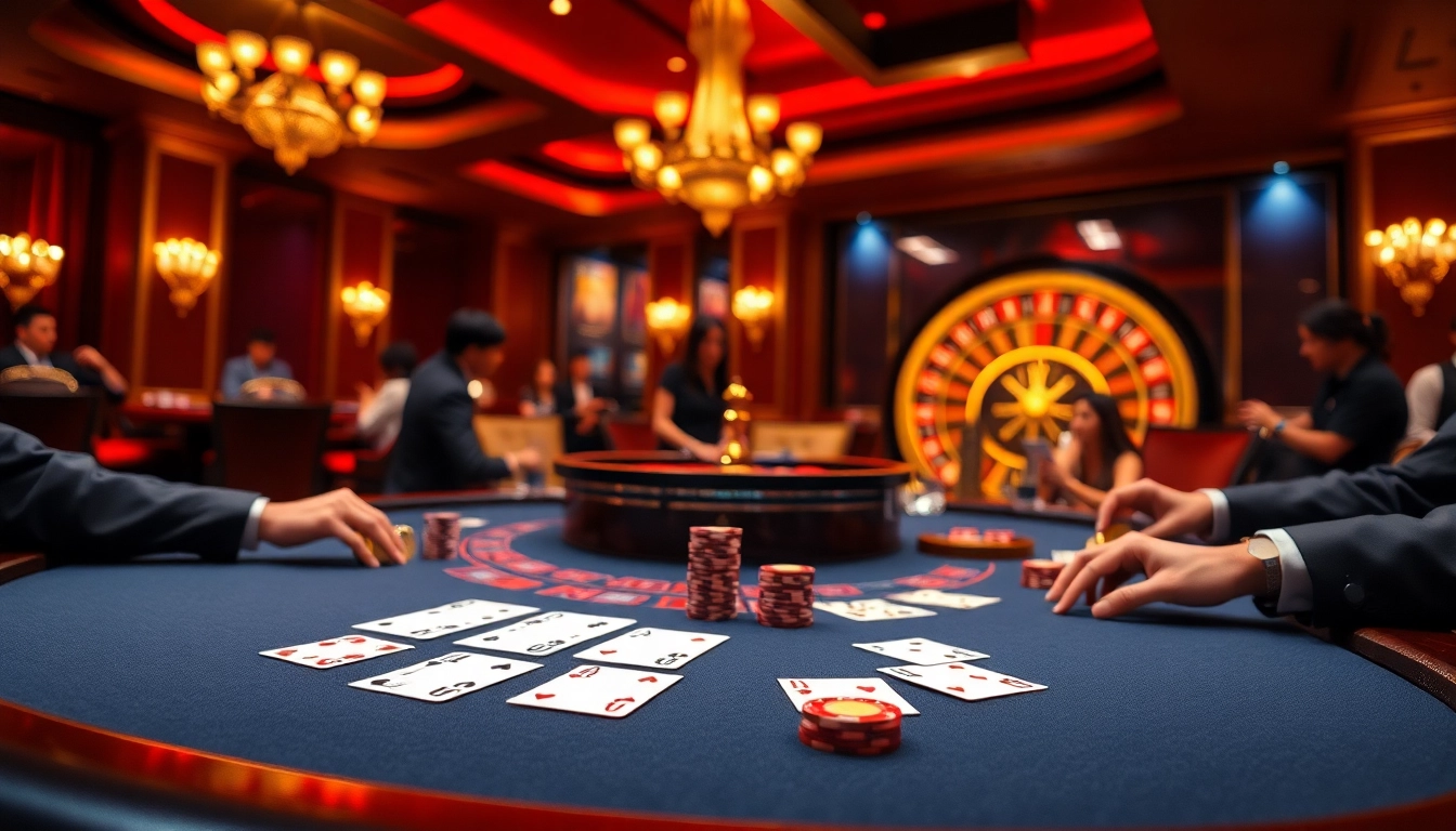Experience thrilling gameplay at Nhà cái RR99 with vibrant casino elements like tables, cards, and roulette.