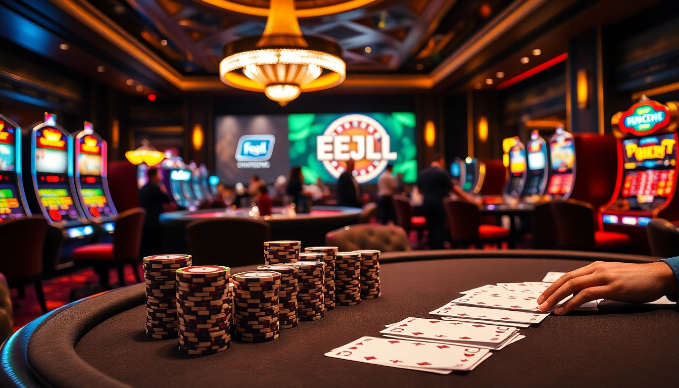 Experience thrilling gameplay at EEJL's luxurious casino with poker chips and slot machines.