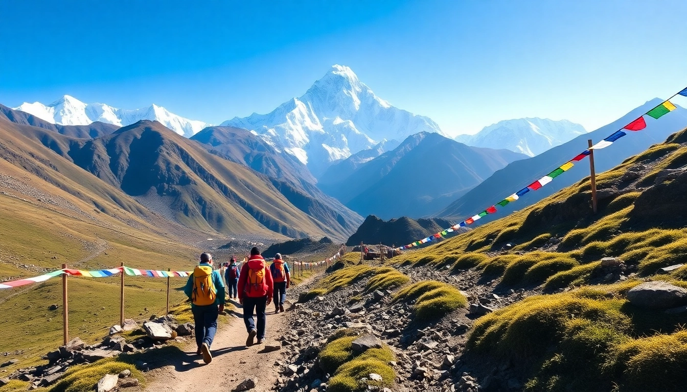 Stunning view of Everest Base Camp Trek showcasing trekkers, Mount Everest, and vibrant landscapes.