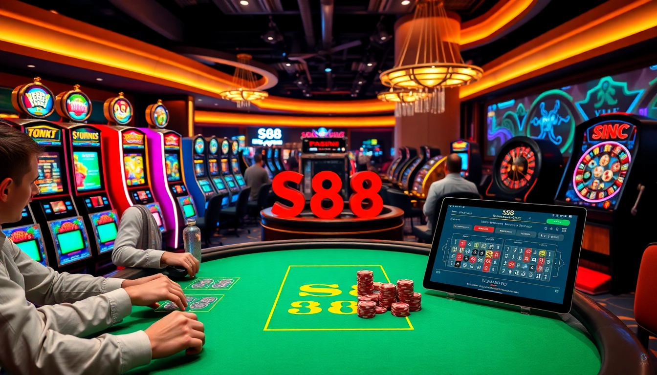 S88 casino excitement with players at a vibrant table game in a luxurious setting.