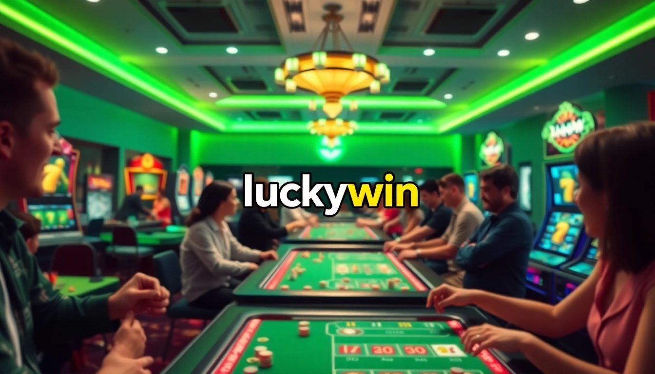 Exciting gaming scene illustrating the vibrant atmosphere of luckywin's online casino, showcasing thrilled players and modern casino elements.
