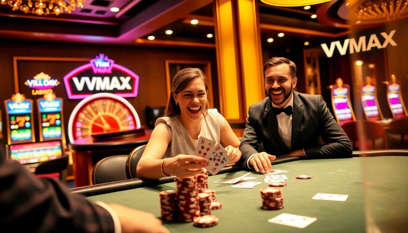 VMAX showcases high-stakes games with chips and a winning poker hand at an upscale casino table.
