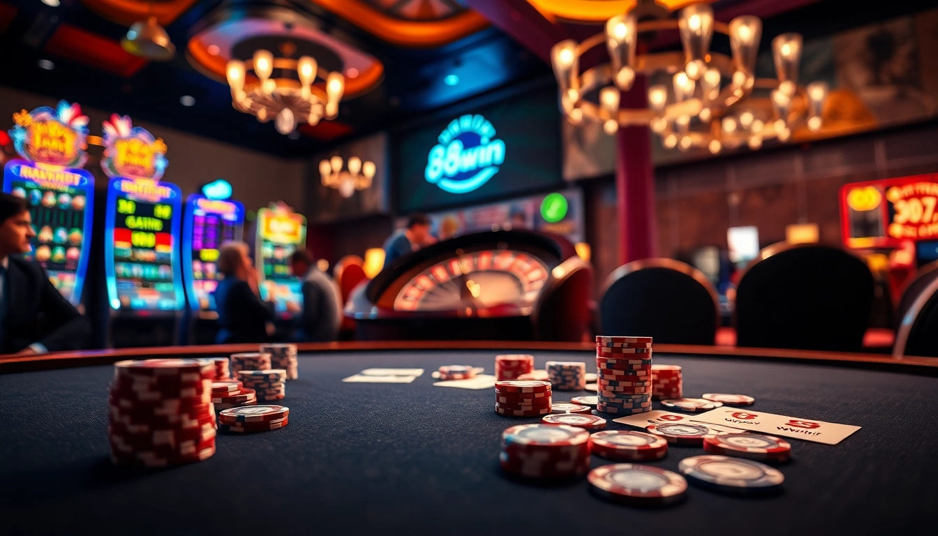 Players enjoying intense poker at 98win casino with vibrant chips and cards.