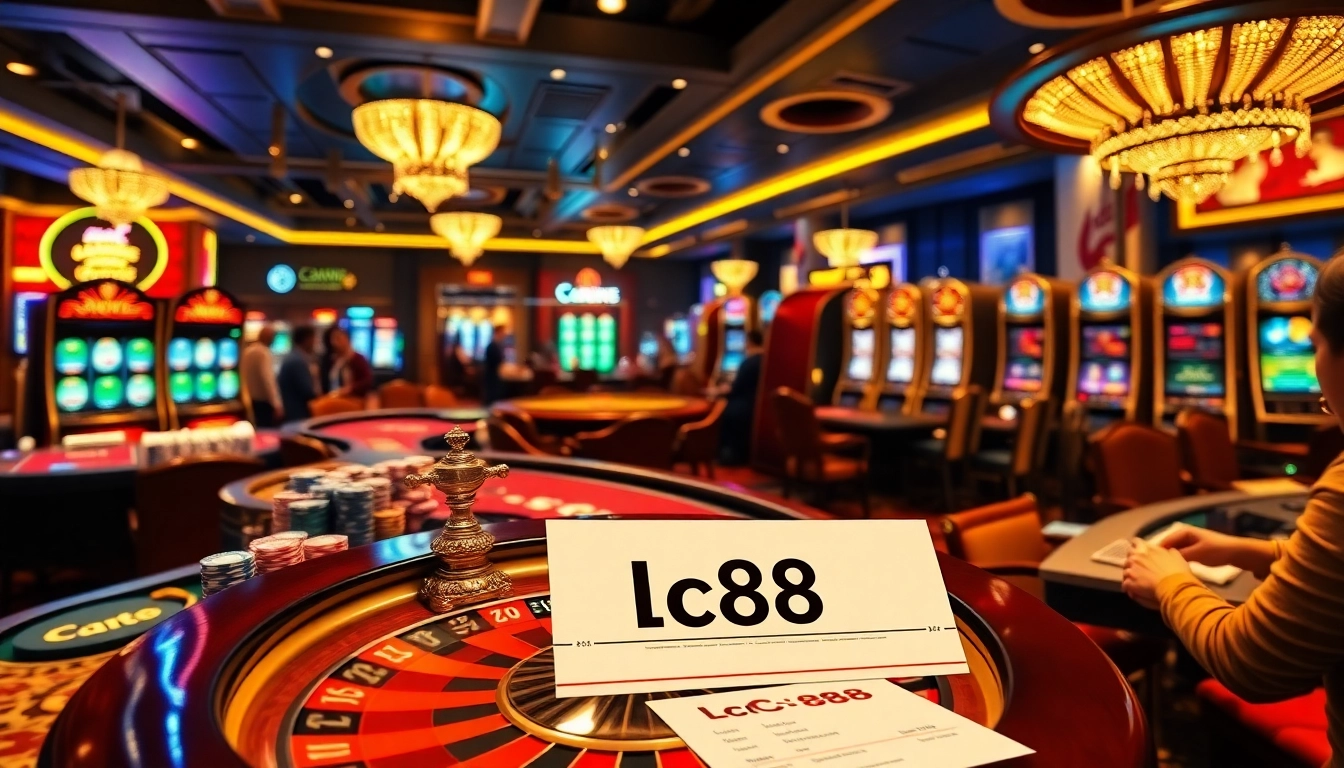 Players enjoy thrilling games at Lc88 casino, highlighted by vibrant tables and slot machines.