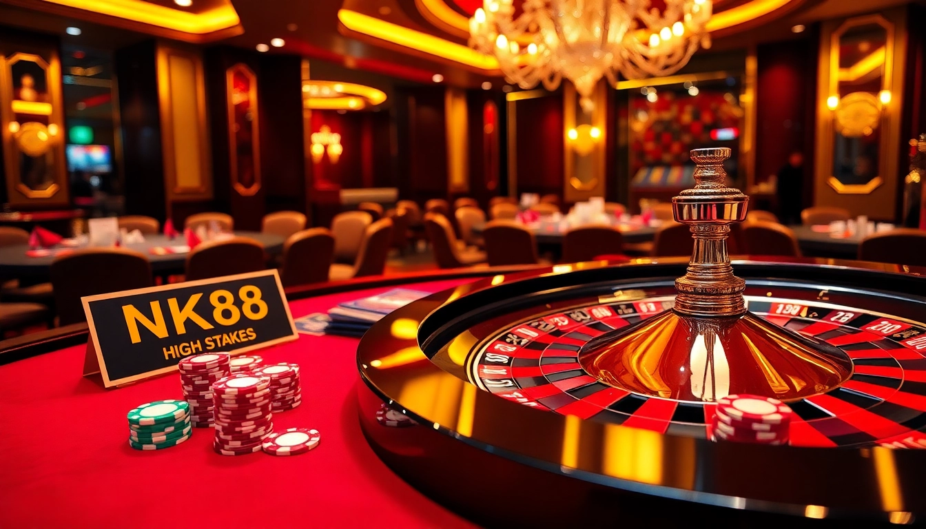 Intense NK88 gambling experience at a luxury casino roulette table with vibrant chips.