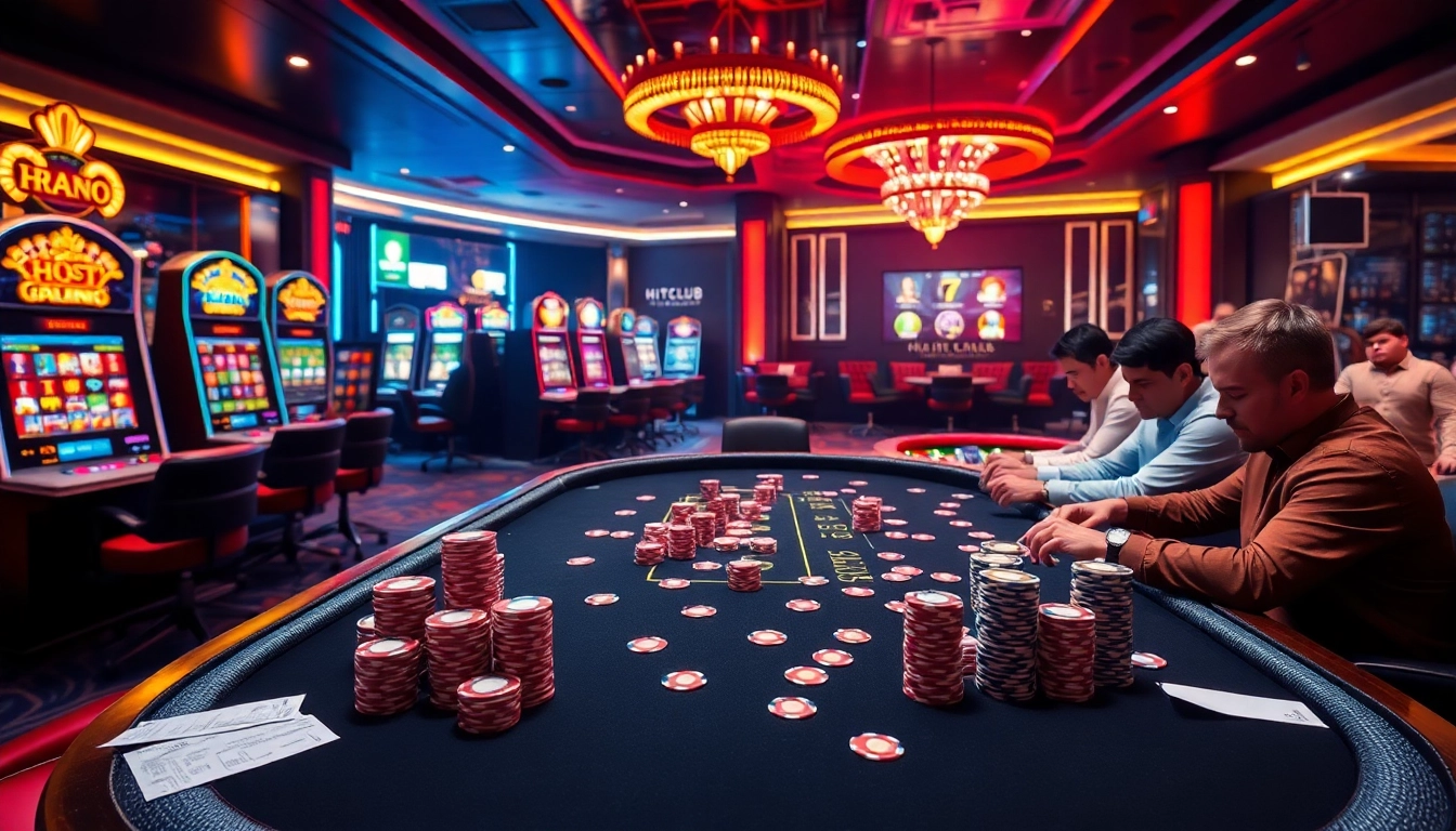 Experience the thrill of online gambling at HITCLUB, featuring dynamic casino tables and poker players.
