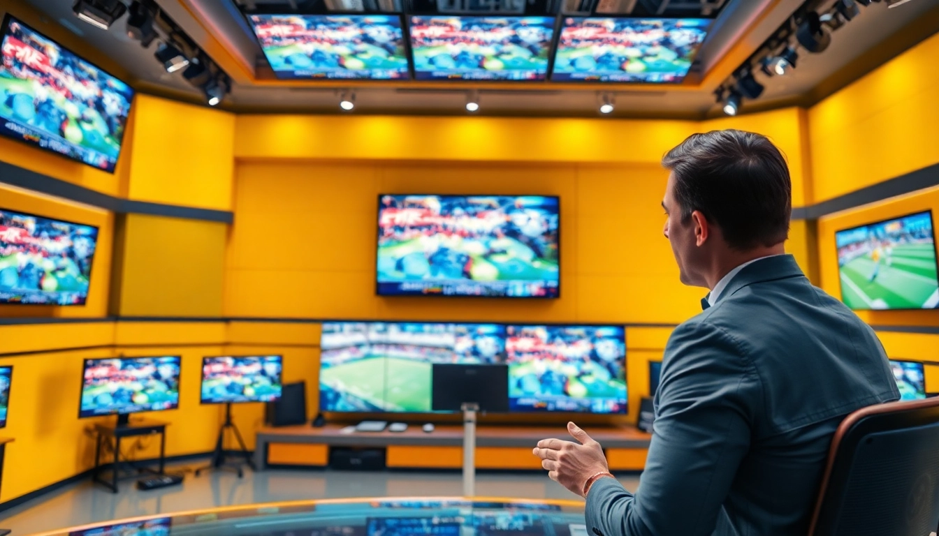 Engaging sports broadcasting studio showcasing live events and technology in action.