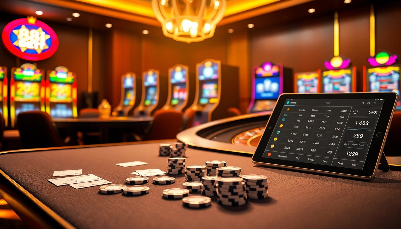 Experience thrilling online gambling with 88i bet at a luxurious casino table surrounded by vibrant slot machines.