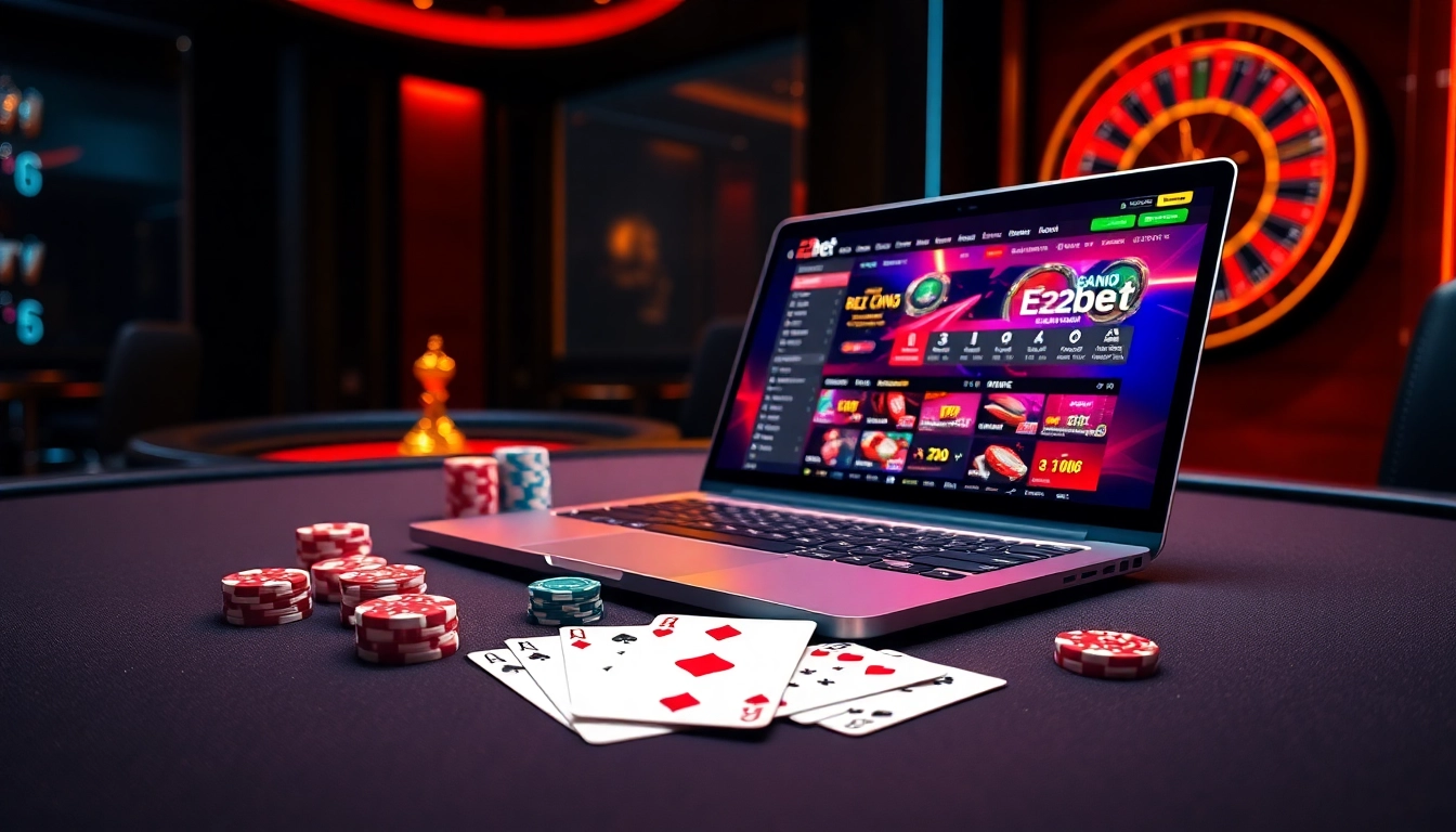 E2bet online gaming experience with poker chips and cards on a luxurious casino table.