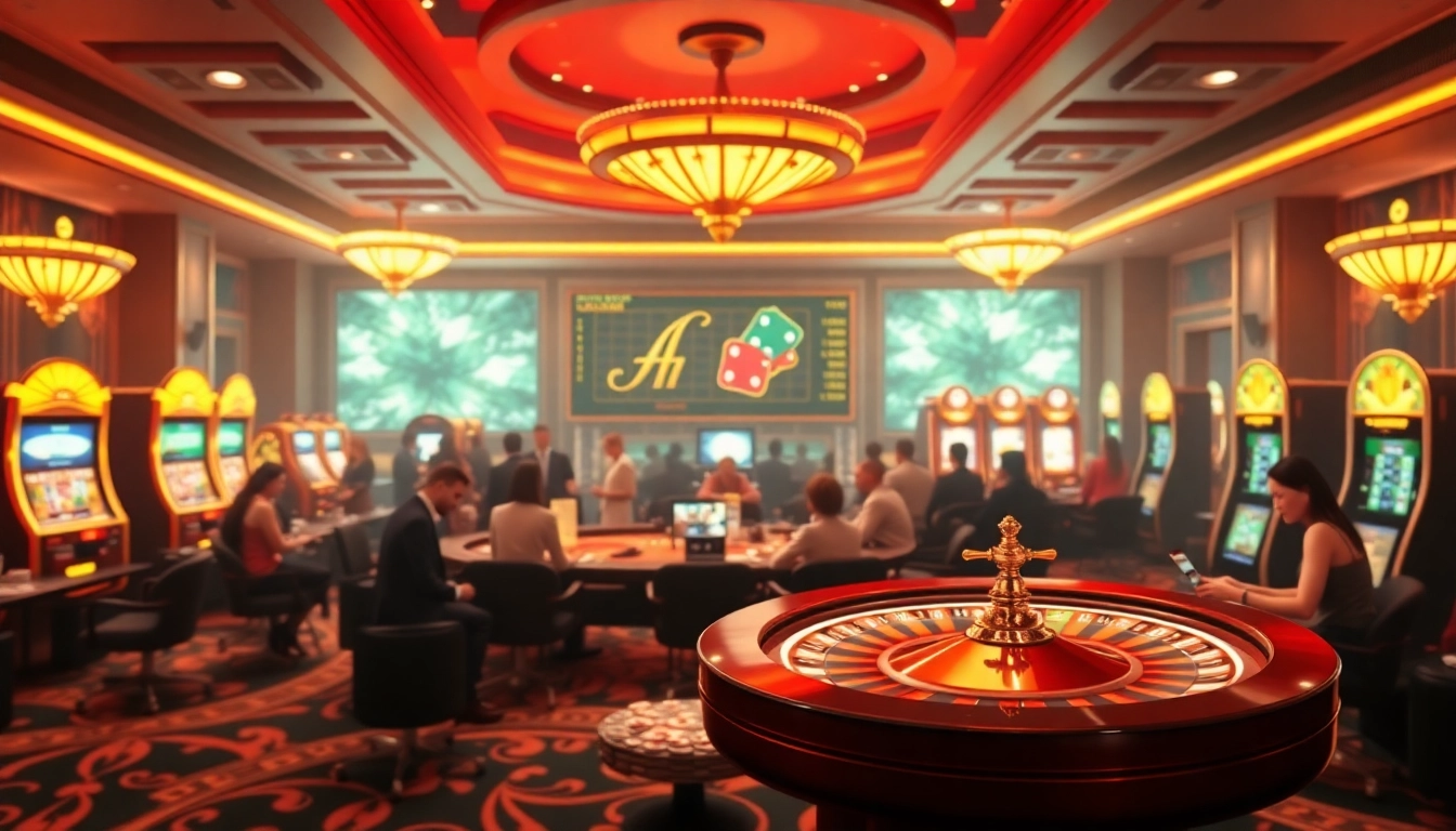 Engaging gamblers at https://onbet11.net/ in a luxurious casino scene with poker chips and roulette wheels.
