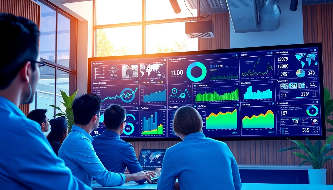 What is video analytics showcased through a professional data dashboard in a modern office setting.