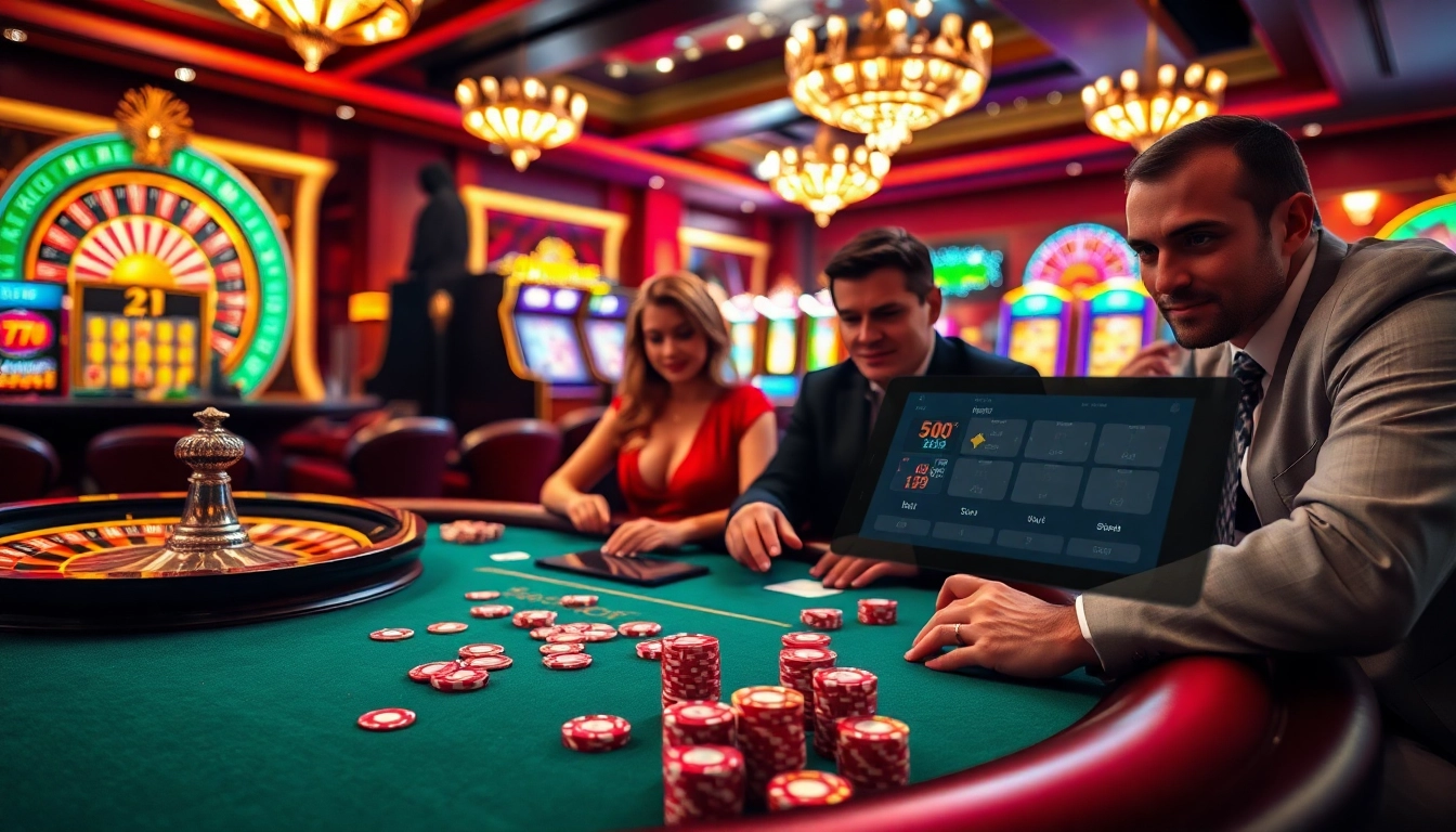 A vibrant casino scene with players immersed in poker at LC88, showcasing excitement and luxury in gambling.