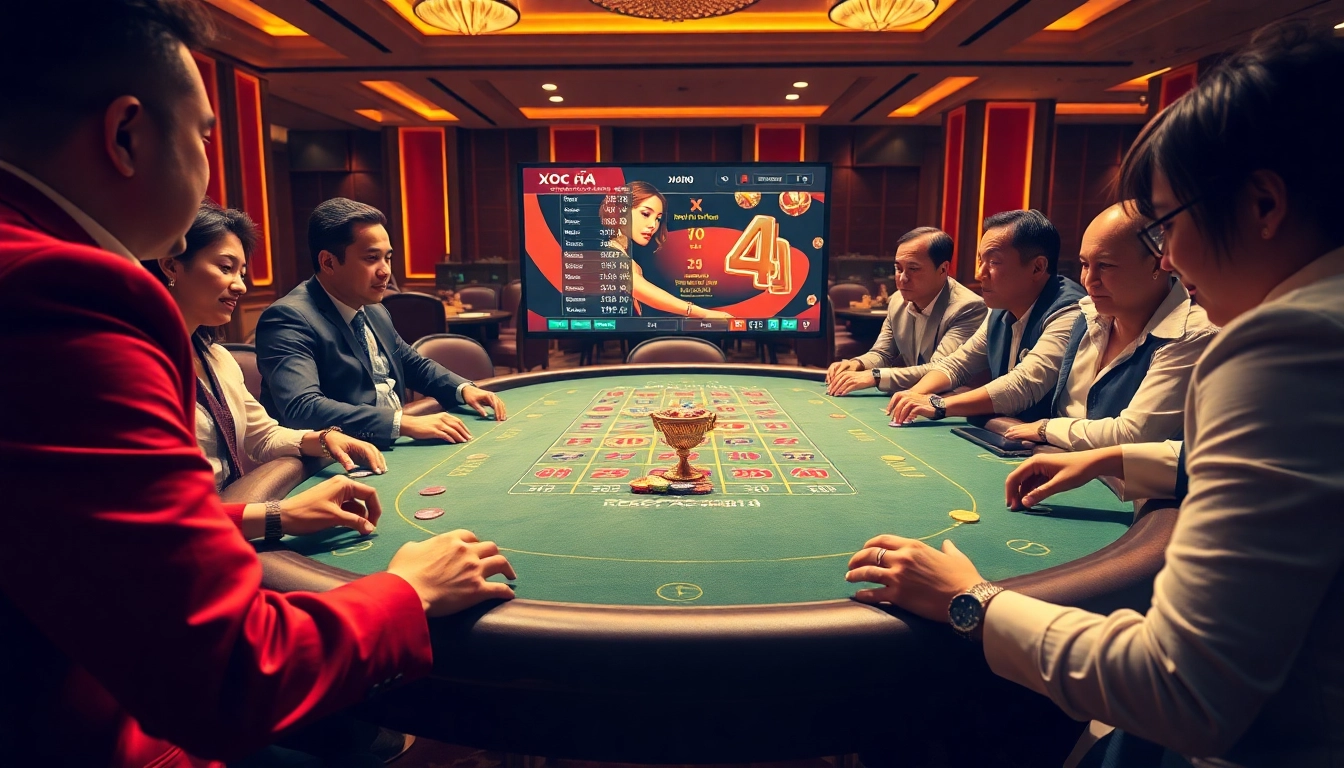 Xóc Đĩa players engaging in an exciting game at a vibrant casino table.