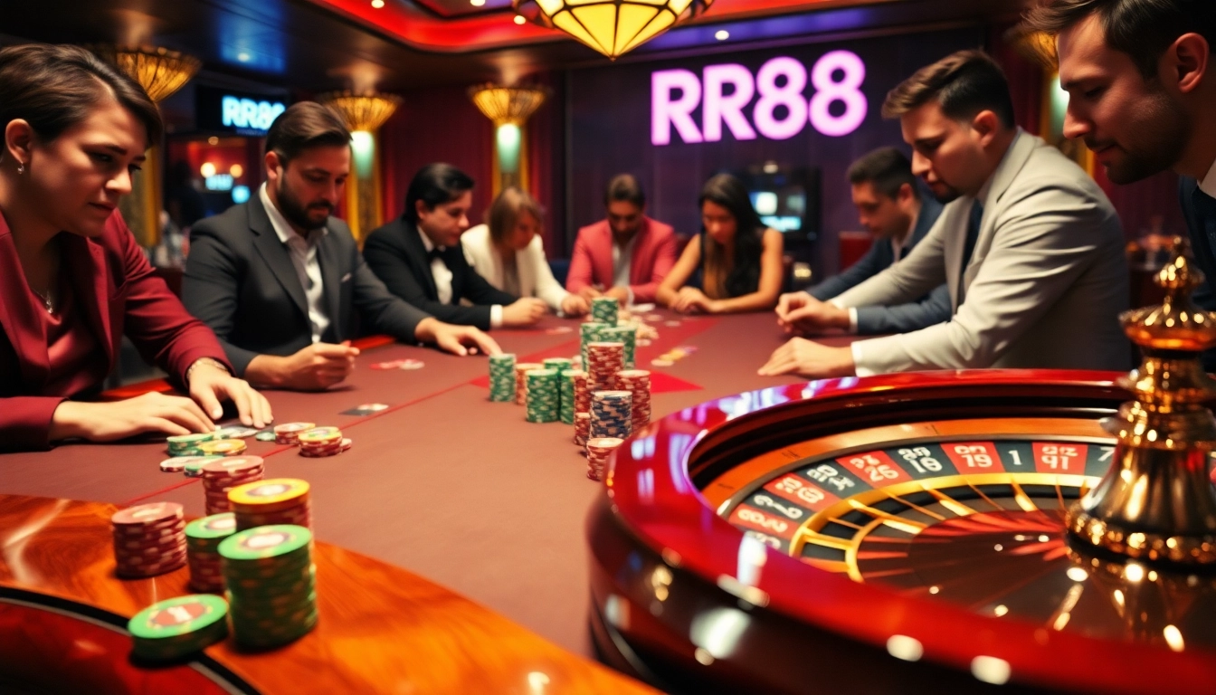Players strategizing at RR88 casino table with poker chips and roulette wheel in luxurious setting.