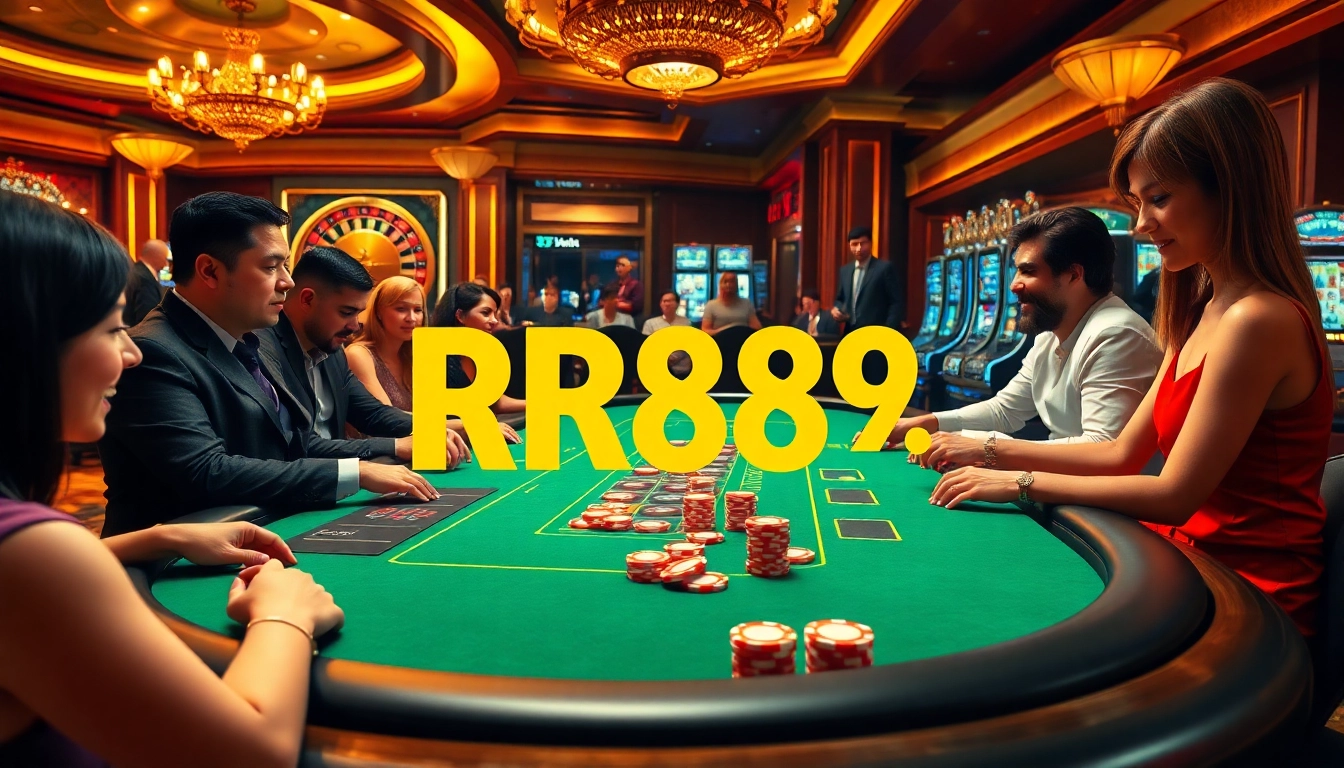 Engaged players at a poker table with chips representing https://rr88.bar/ in a vibrant casino atmosphere.