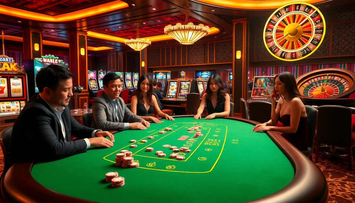 Bancadoithuong players enjoying a thrilling game at a luxury casino baccarat table, surrounded by vibrant slot machines.